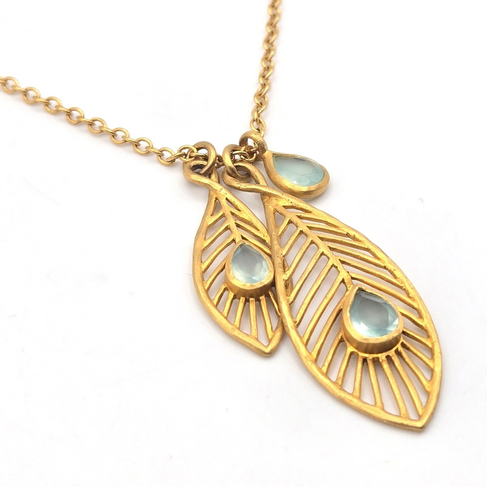 Satya Jewelry 18K Gold‎ Plated Peacock Feather Pendant Necklace Blue Agate 24"